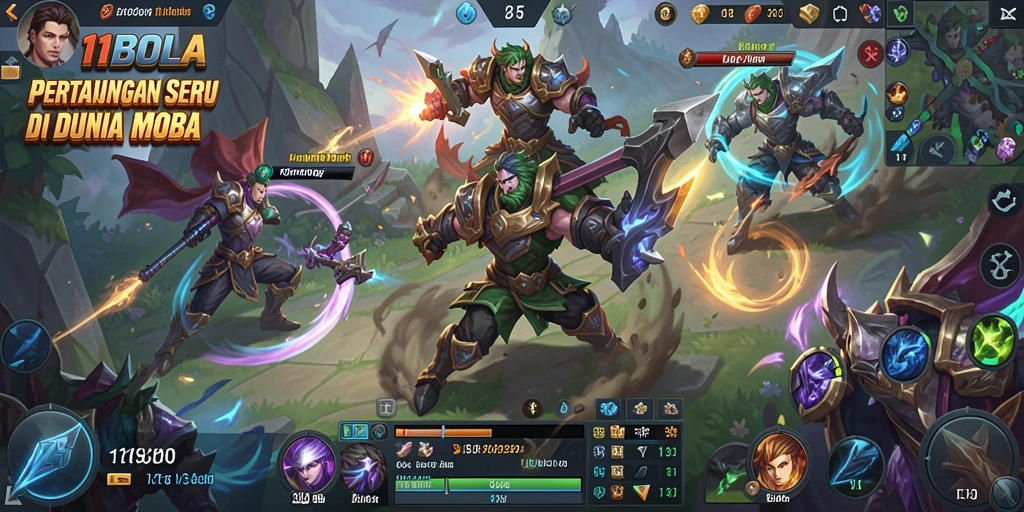 Tampilan gameplay seru di 11BOLA dengan aksi MOBA yang mendebarkan.