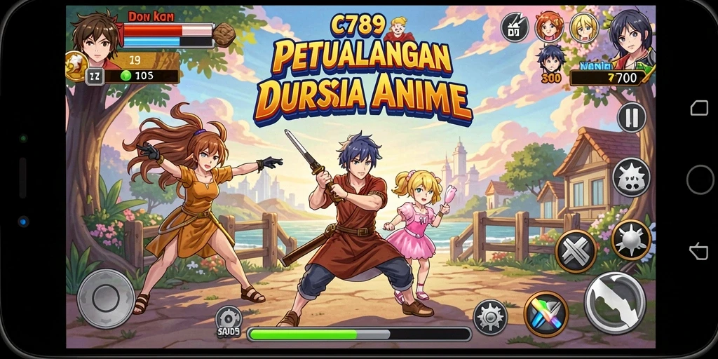 Tampilan gameplay C789 yang penuh warna dan karakter anime.