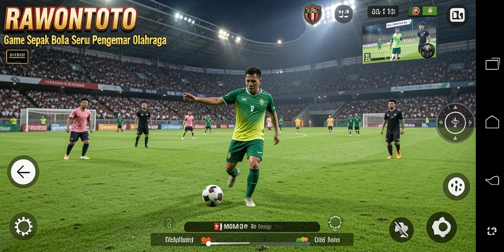 Screenshot gameplay menunjukkan aksi seru di lapangan sepak bola.