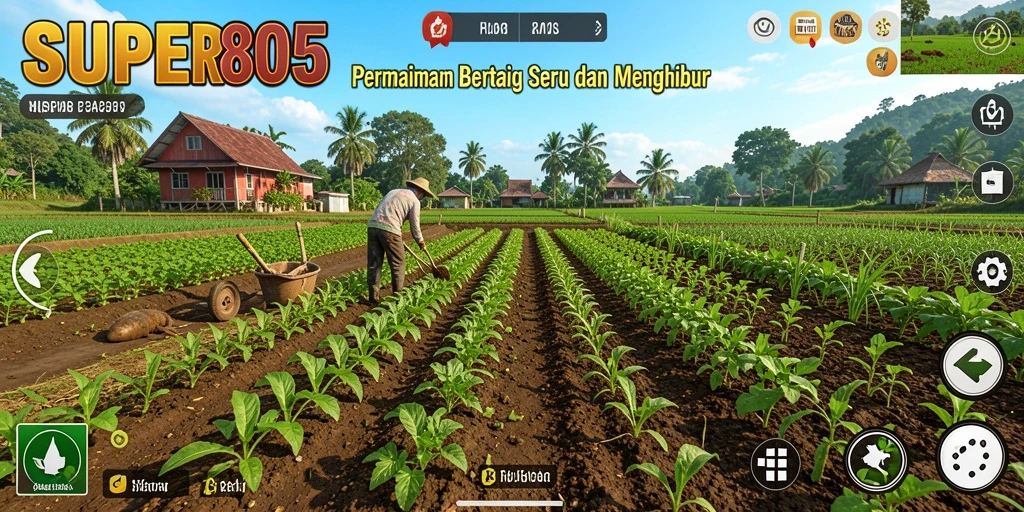 Gameplay SUPER805 yang menampilkan kebun yang subur dan aktif.